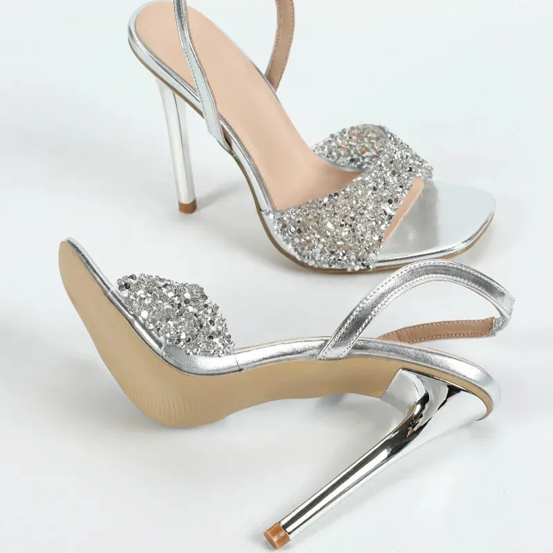 ADVBRIDGE  -  Crystal Rhinestone Super High Heels Women Sexy Square Head Open Toe Back Strap Heeled Sandals Elegant Silver Party Dress Shoes