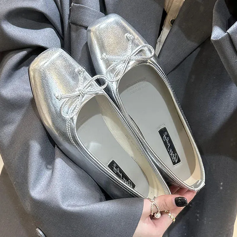 ADVBRIDGE  -  Sliver New Women Flat Shoes Fashion Square Toe Shallow Slip On Ladies Casual Ballet Shoes Soft Leather Outdoor Loafers S
