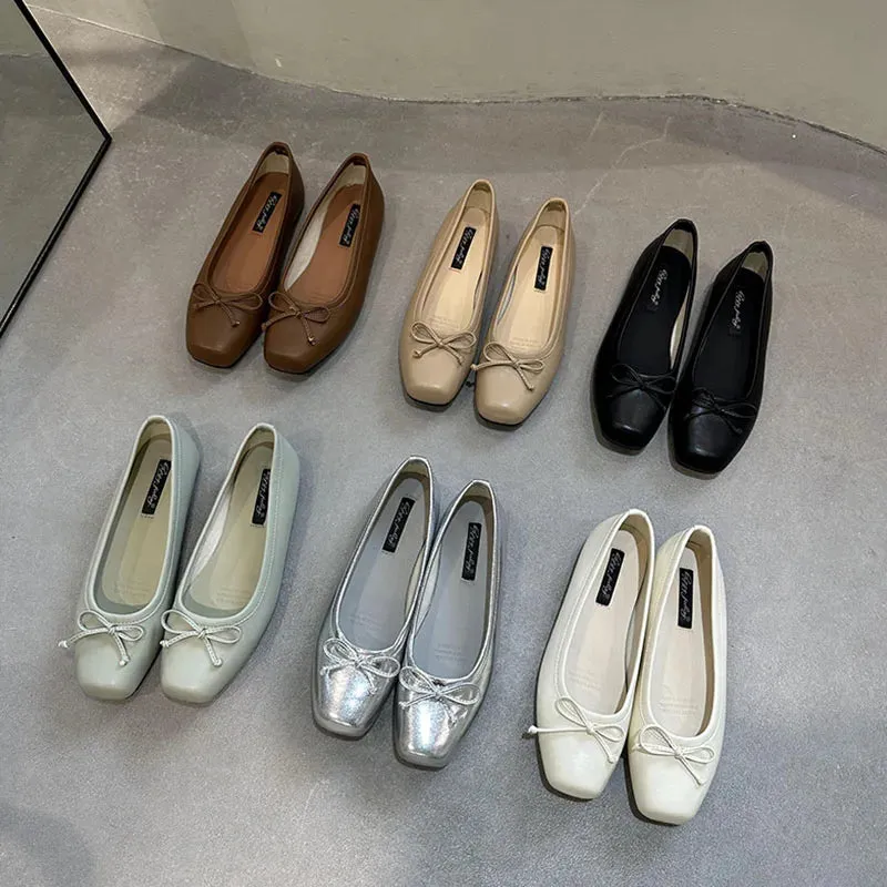 ADVBRIDGE  -  Sliver New Women Flat Shoes Fashion Square Toe Shallow Slip On Ladies Casual Ballet Shoes Soft Leather Outdoor Loafers S
