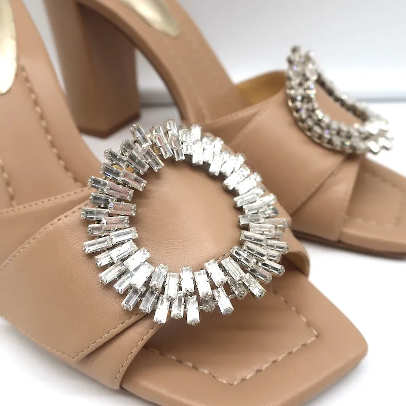 Alexandre Birman Crystal-Embellished High Heel Mules Nude Leather Size 37.5