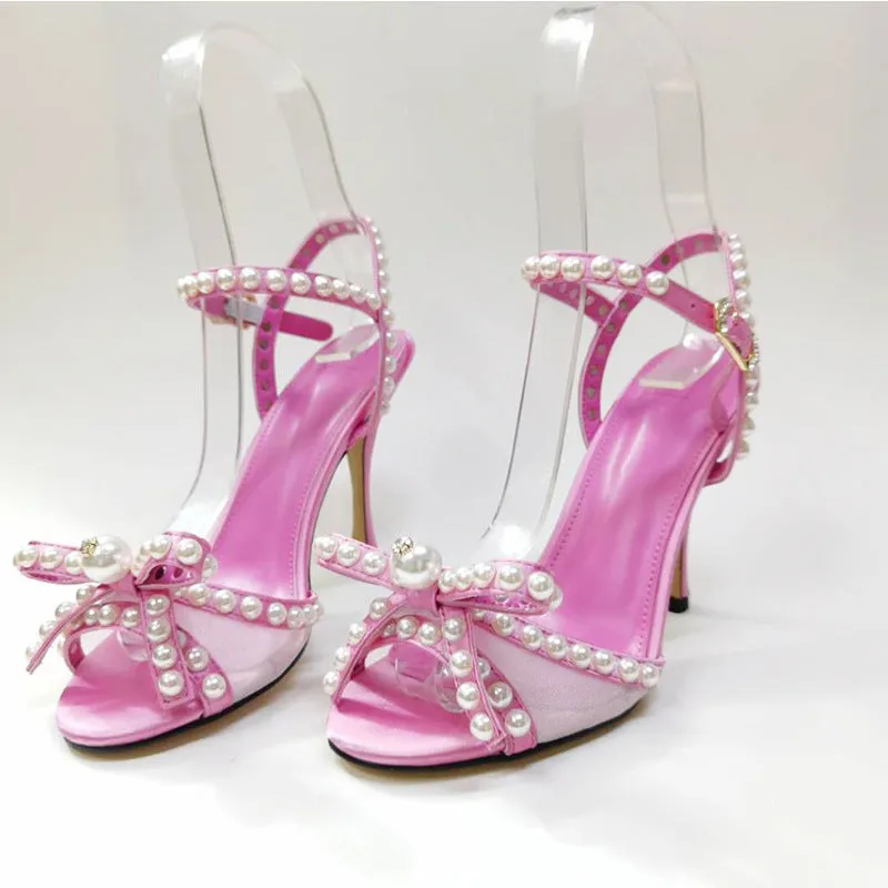 Amazon Hot Sale Pearl Sandals Fashion Bow Stilettos Temperament Buckle Dinner High Heels