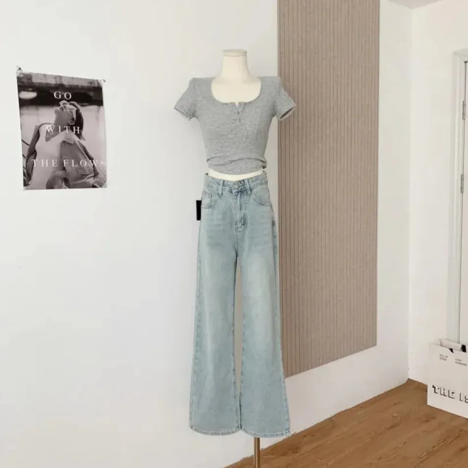 Ballet Embroidery Light Blue Wide-Leg Jeans
