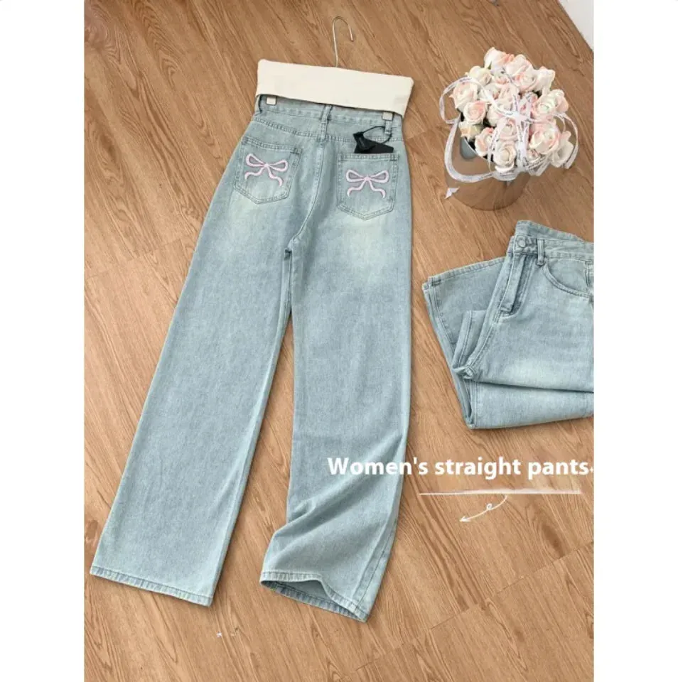 Ballet Embroidery Light Blue Wide-Leg Jeans