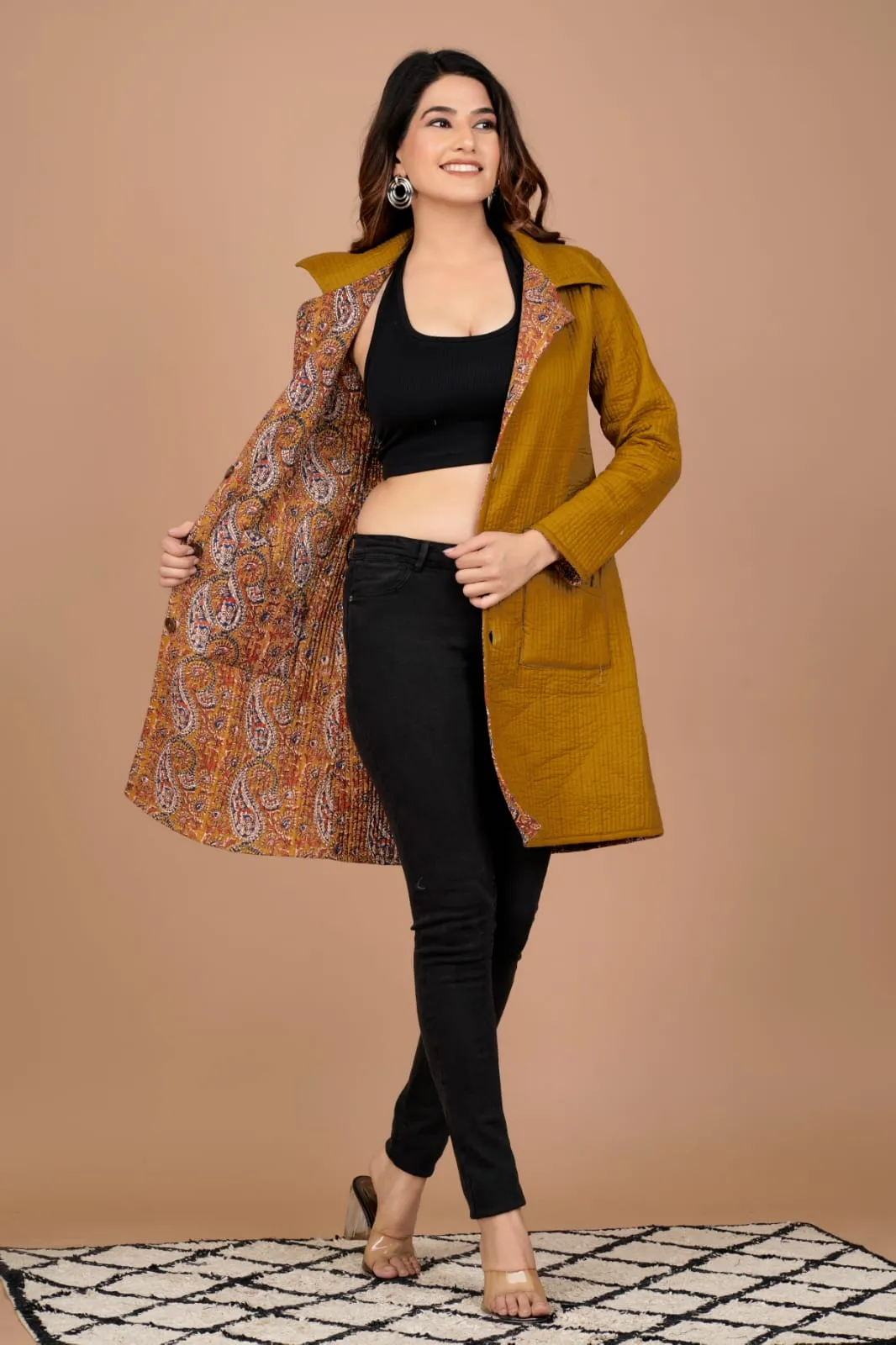 Beautiful Mustard Yellow Pure Cotton Quilted Reversible Print Long Jackets