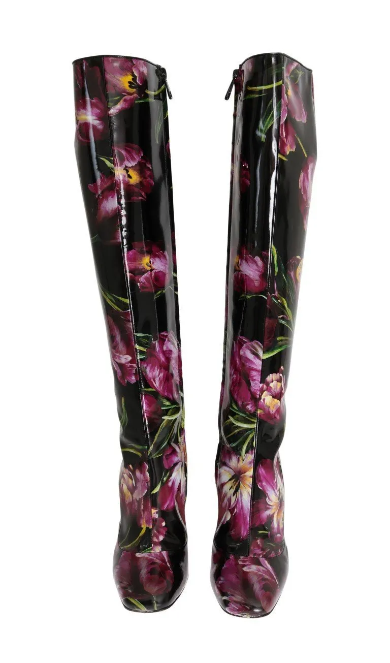 Black Leather Purple Tulip Boots