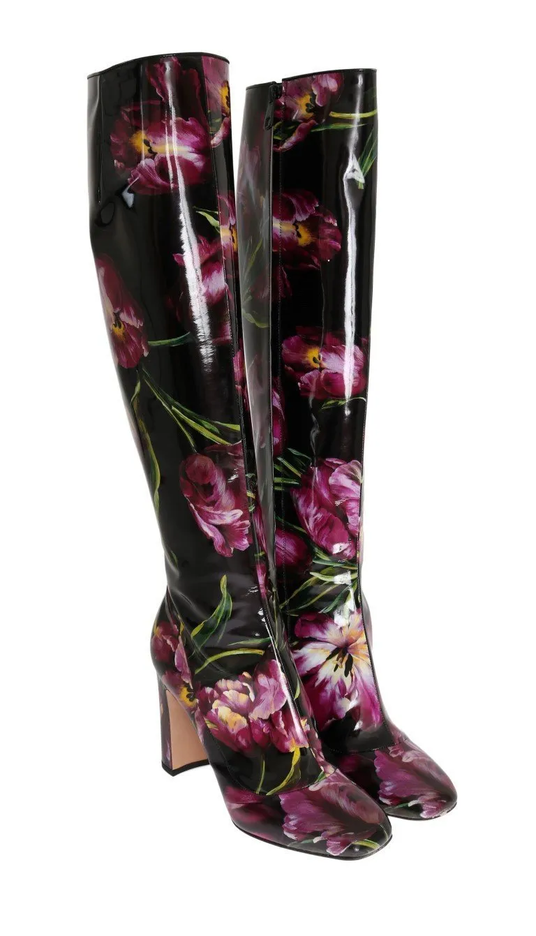 Black Leather Purple Tulip Boots