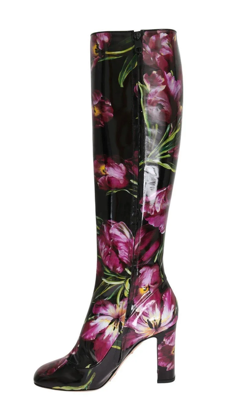 Black Leather Purple Tulip Boots