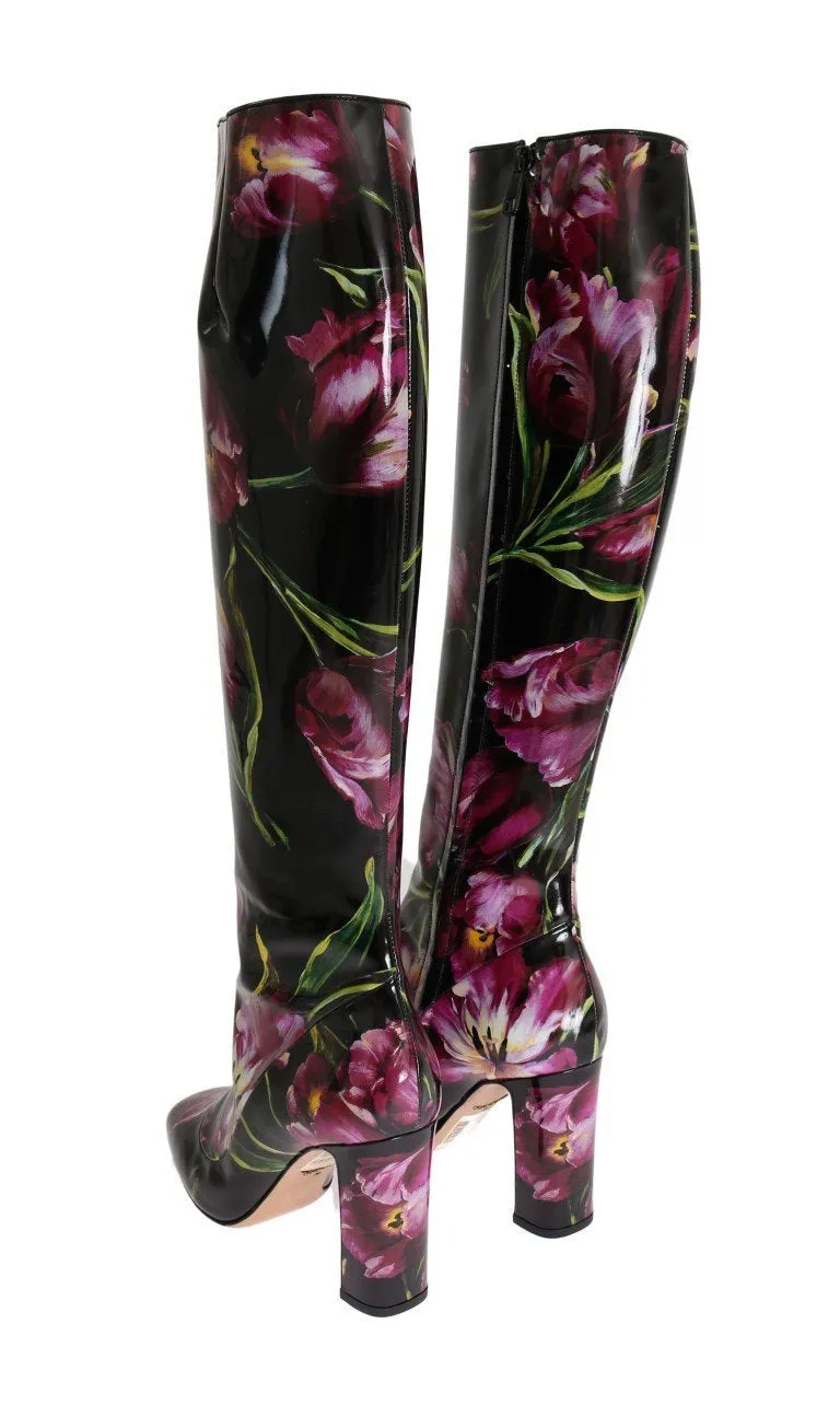 Black Leather Purple Tulip Boots