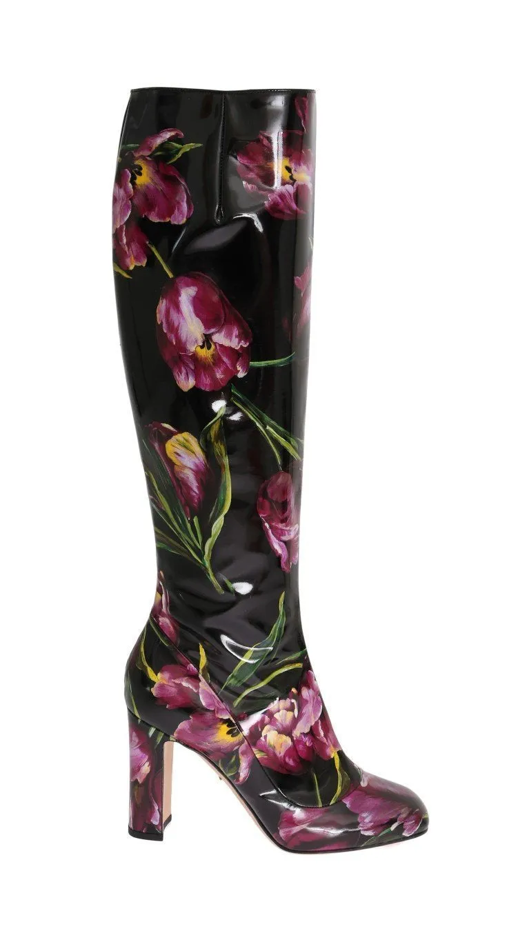 Black Leather Purple Tulip Boots