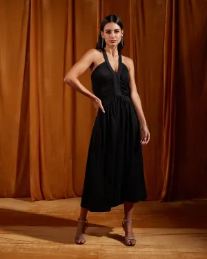 Black Ruched Cross Strapped Midi Dress
