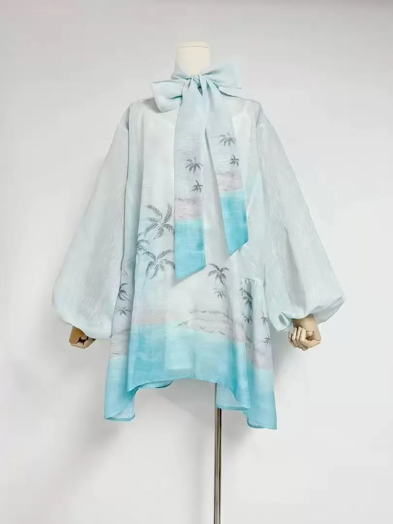 Bow tie neck irregular skirt lantern sleeves coconut tree print dress