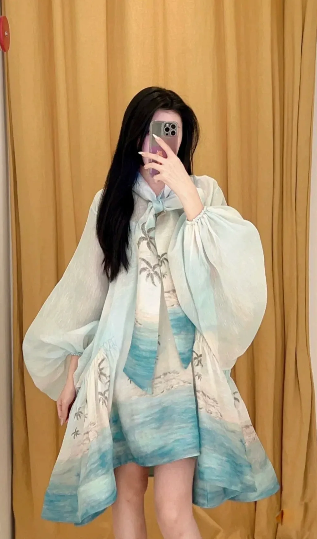 Bow tie neck irregular skirt lantern sleeves coconut tree print dress