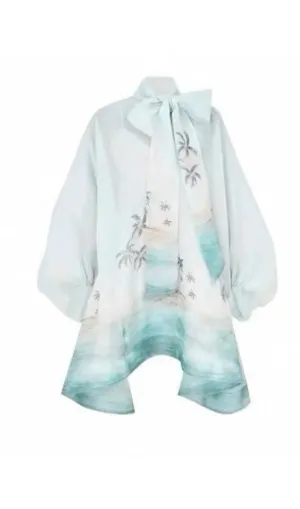 Bow tie neck irregular skirt lantern sleeves coconut tree print dress
