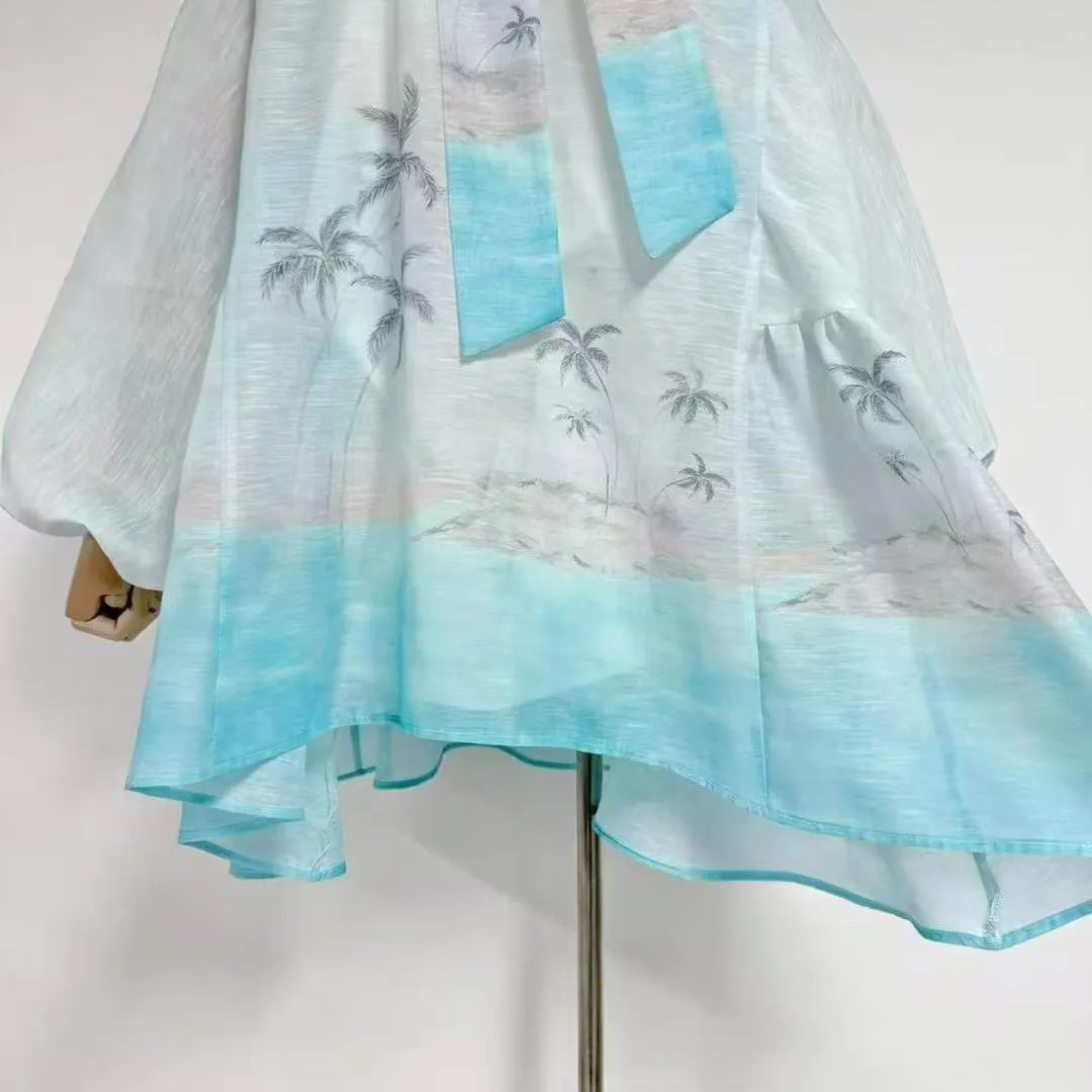 Bow tie neck irregular skirt lantern sleeves coconut tree print dress