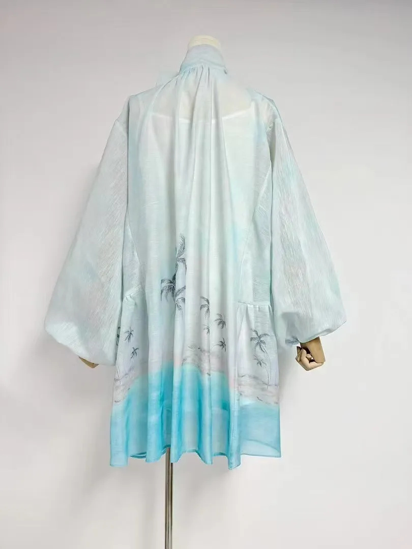 Bow tie neck irregular skirt lantern sleeves coconut tree print dress