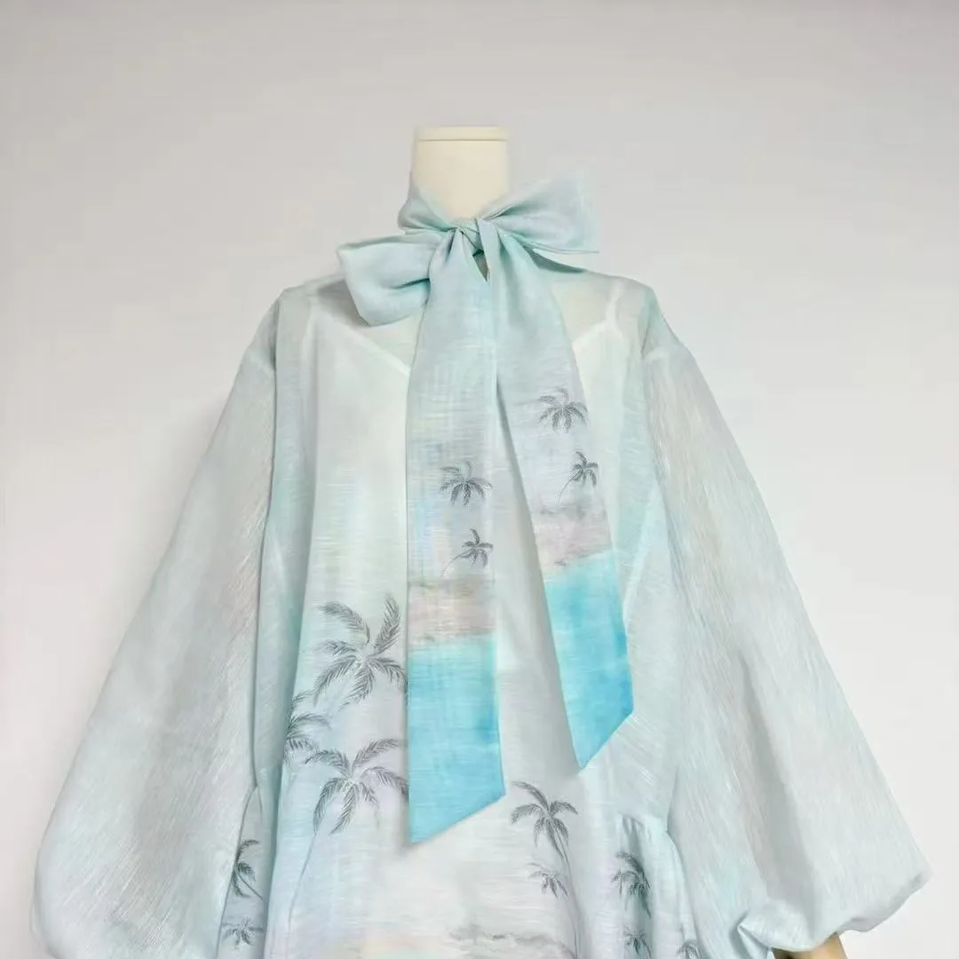 Bow tie neck irregular skirt lantern sleeves coconut tree print dress