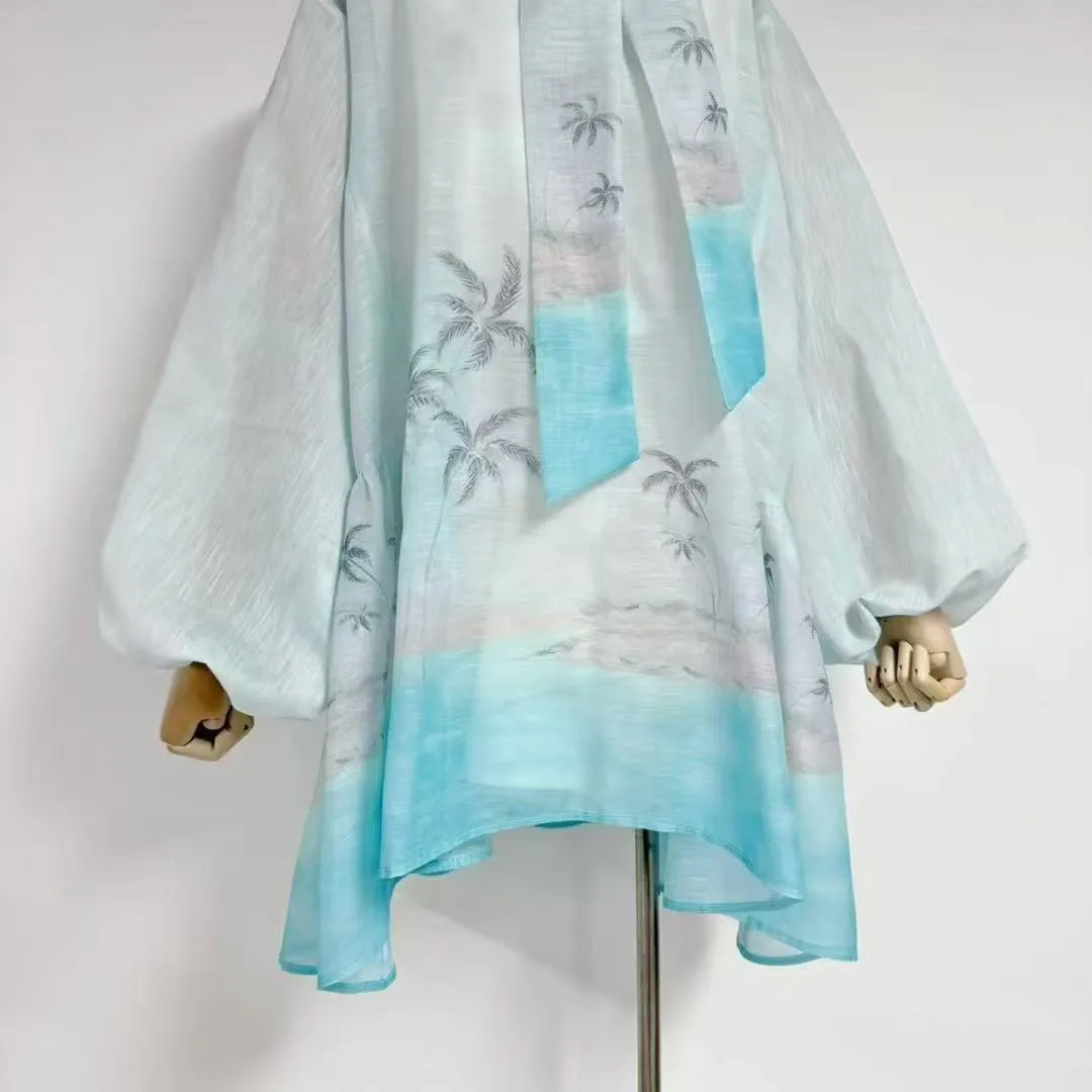 Bow tie neck irregular skirt lantern sleeves coconut tree print dress