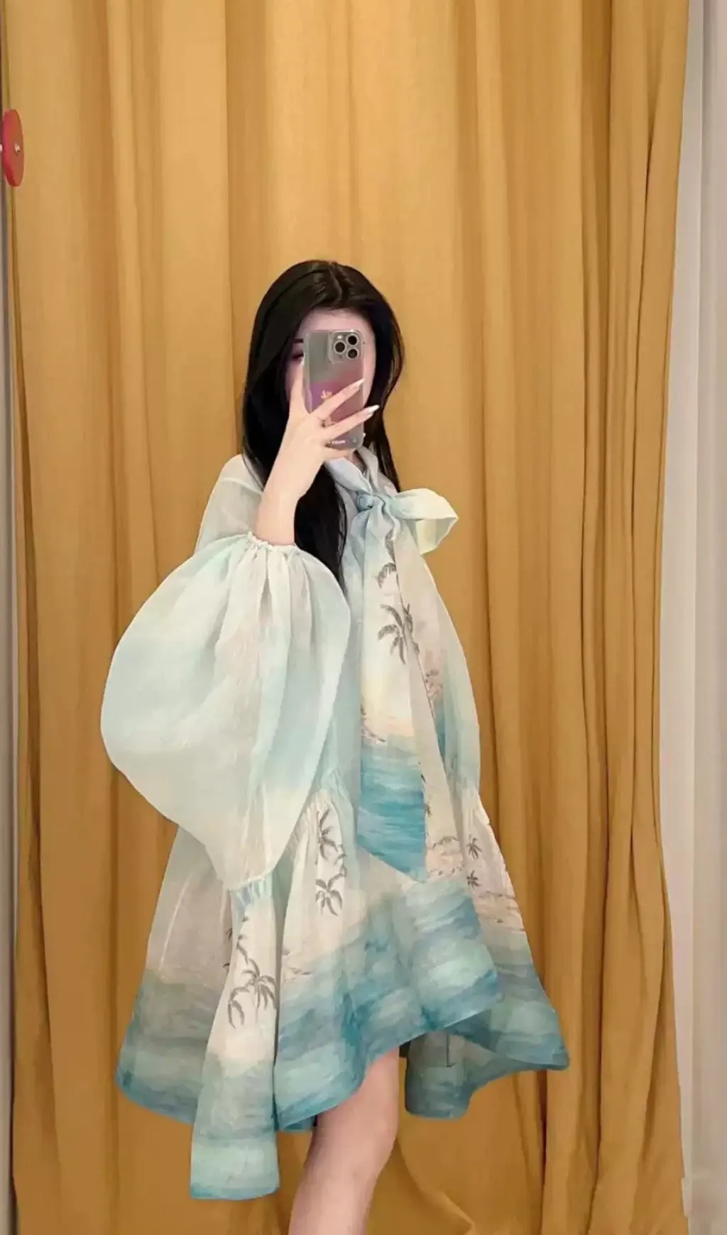Bow tie neck irregular skirt lantern sleeves coconut tree print dress