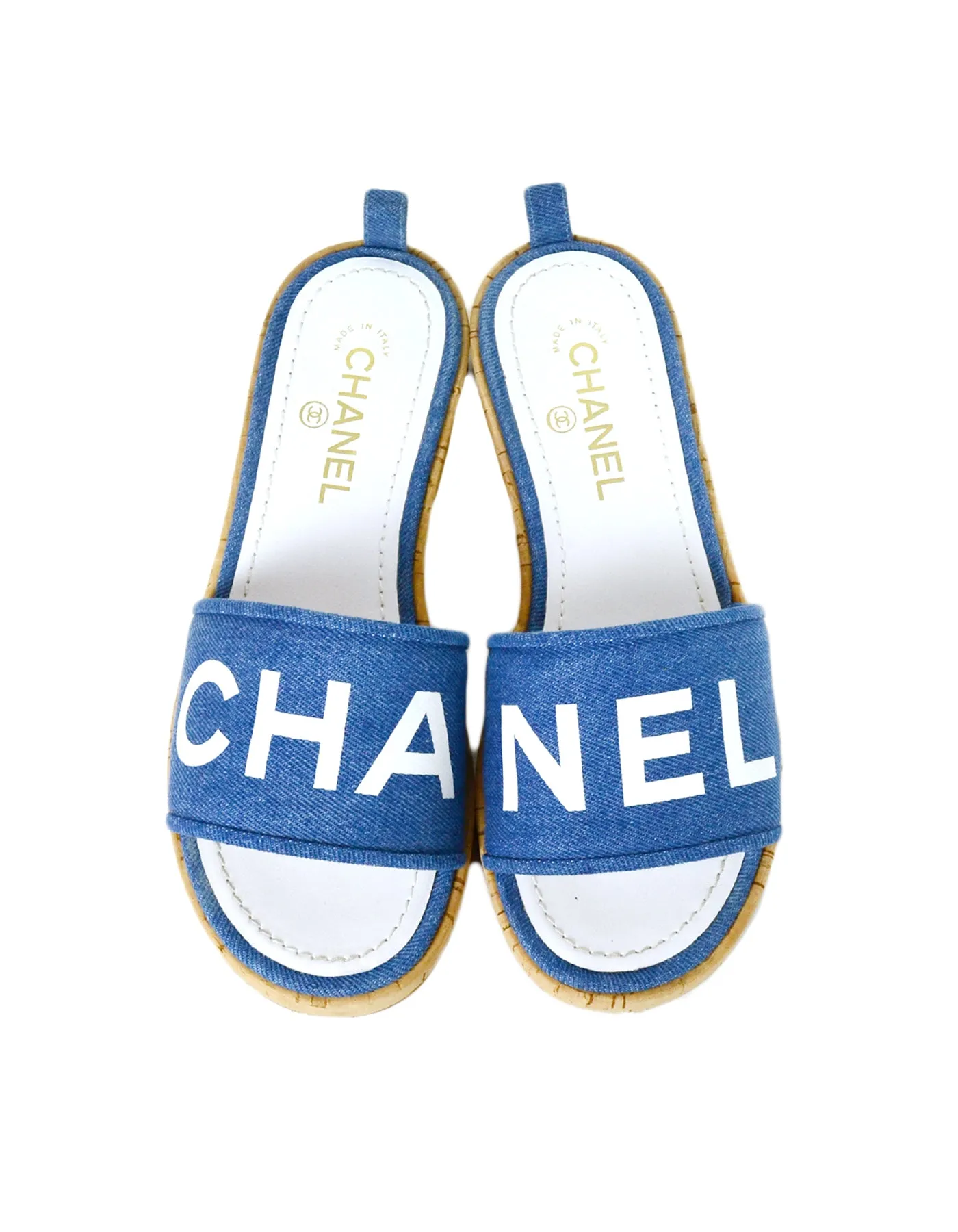 Chanel 2019 Blue Denim Logo Sandal Mules sz 39