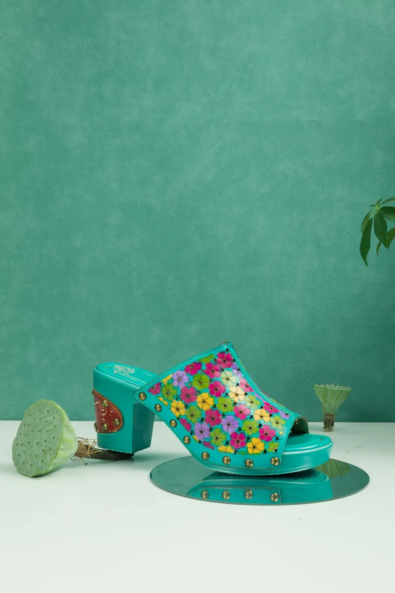 Daisy Embossed Turquoise Leather Clog