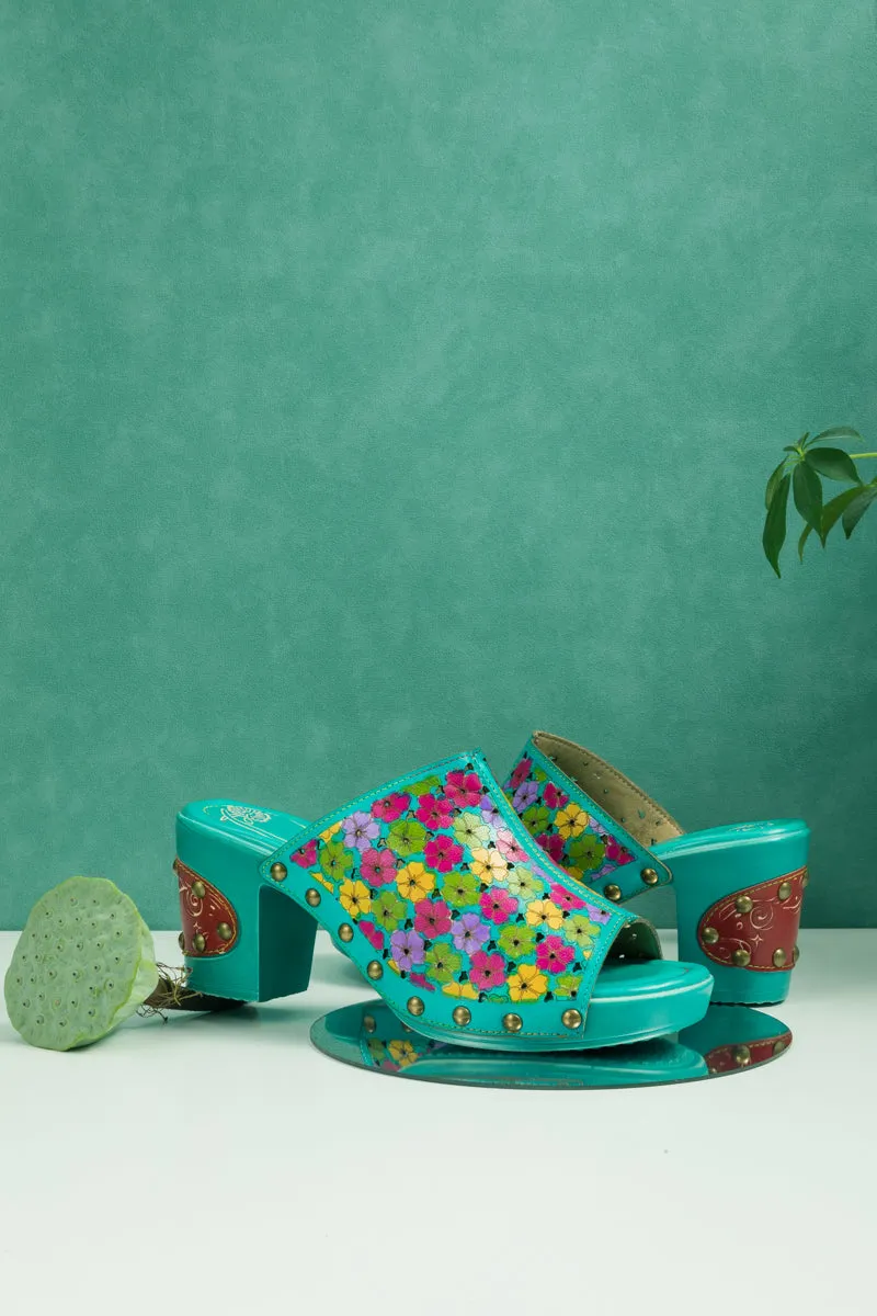 Daisy Embossed Turquoise Leather Clog