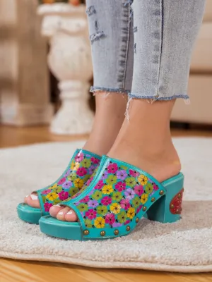 Daisy Embossed Turquoise Leather Clog