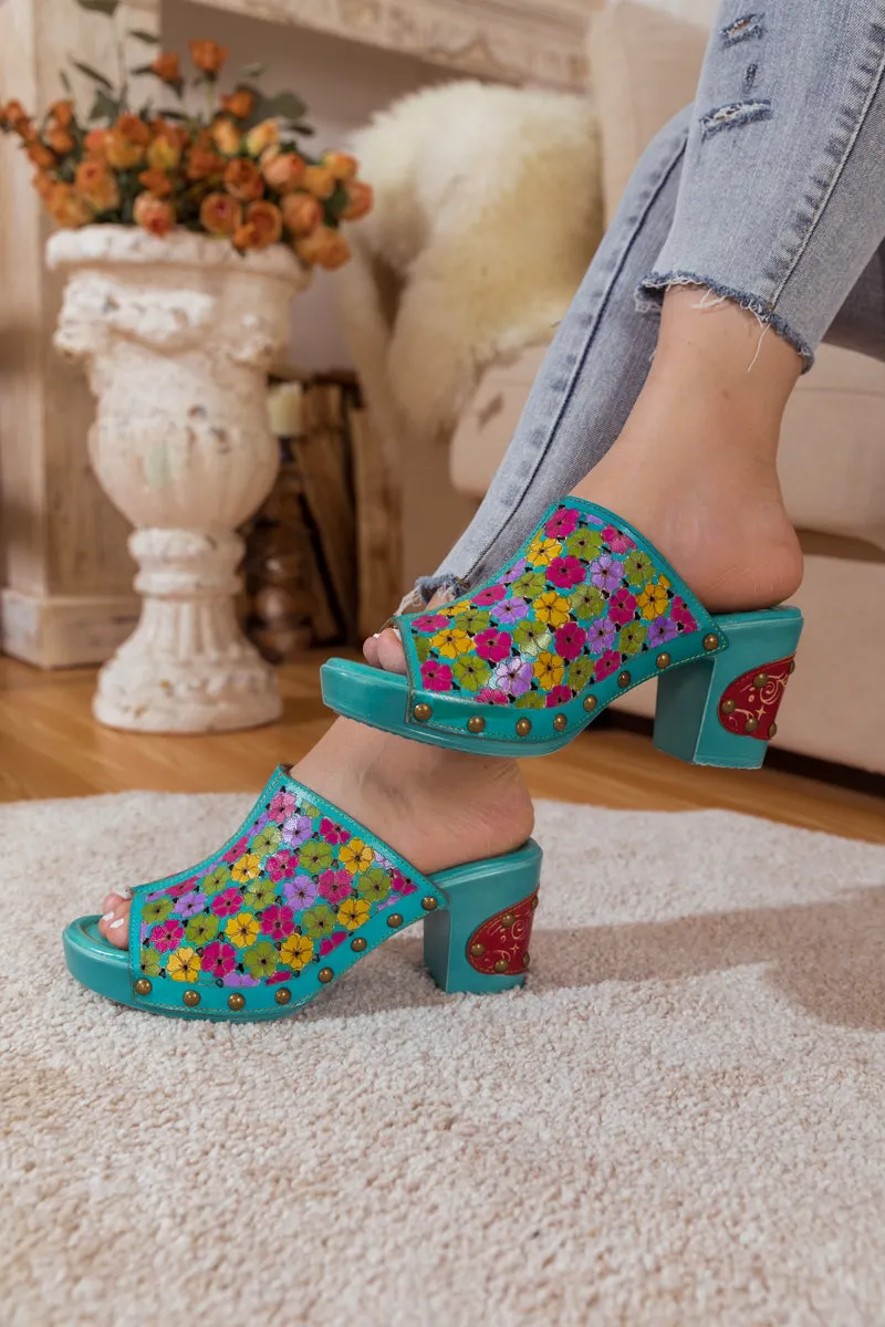 Daisy Embossed Turquoise Leather Clog