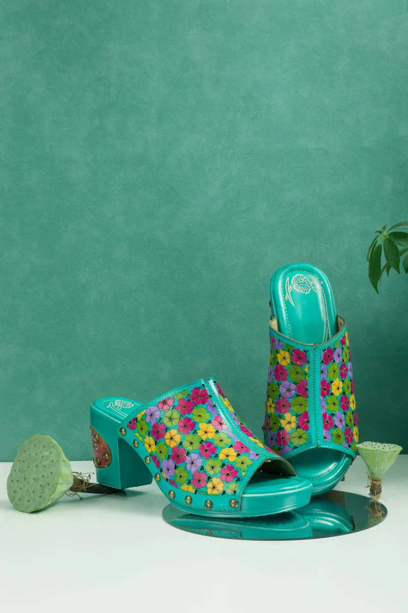 Daisy Embossed Turquoise Leather Clog