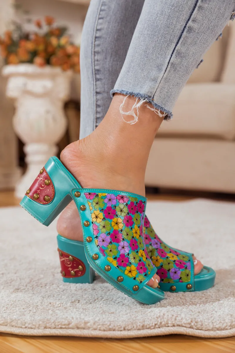 Daisy Embossed Turquoise Leather Clog