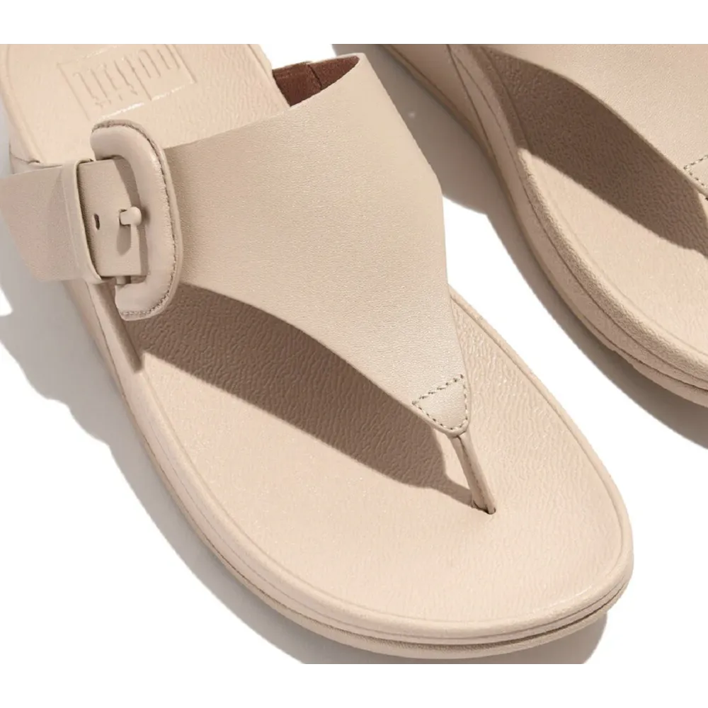 FitFlop Lulu Covered-Buckle Raw-Edge Leather Stone Beige Toe-Thongs