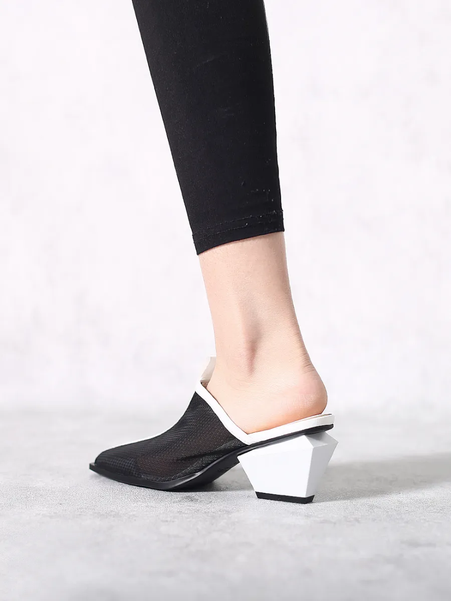 Geometry Block Point Toe Mid Heel Mules - Black