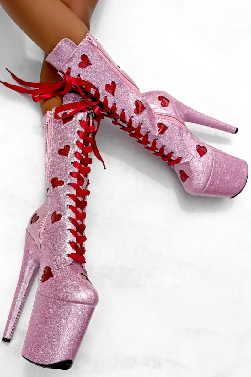 Hella Heels Cupids Chokehold Ribbon 8inch Boots - Pink Hearts