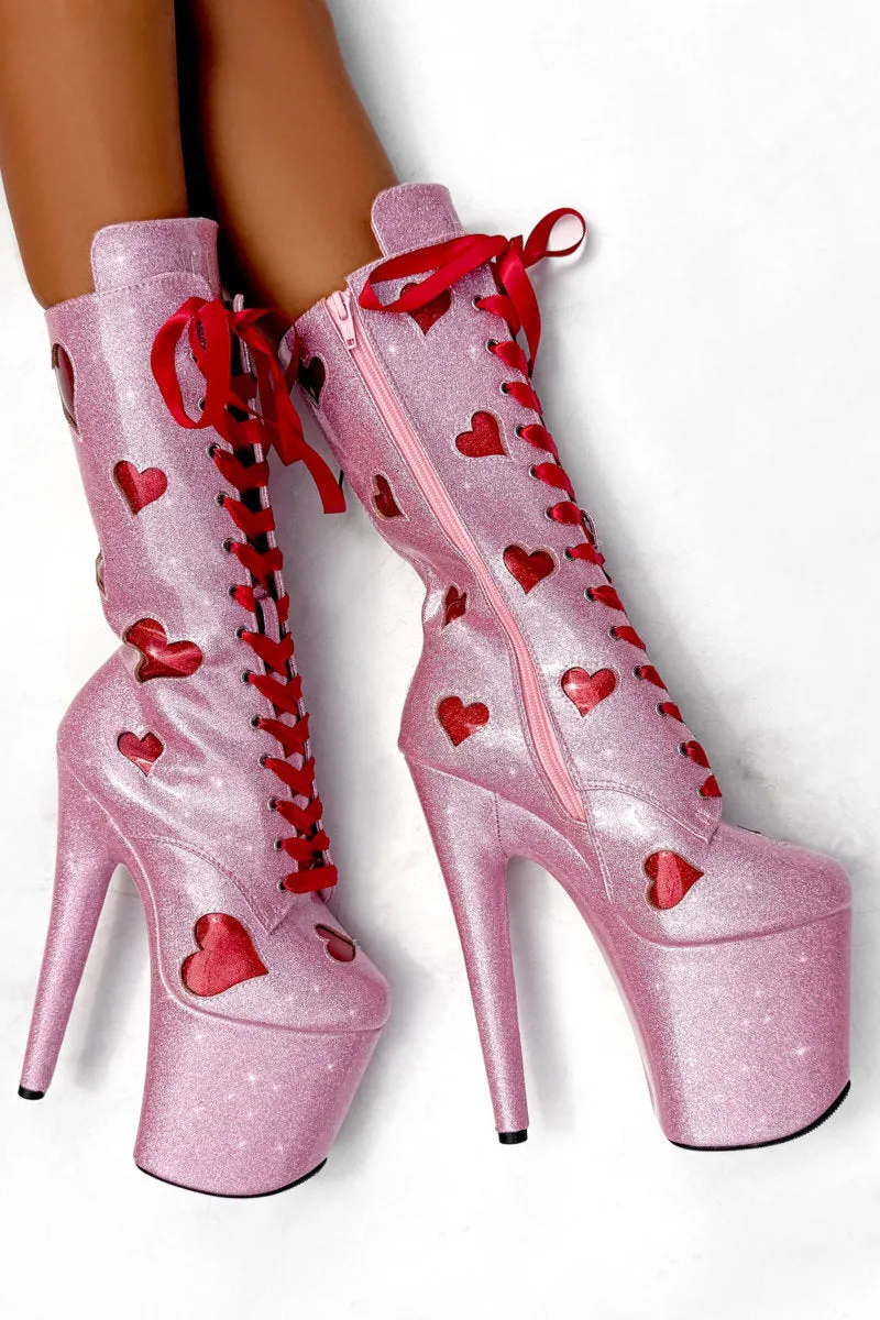 Hella Heels Cupids Chokehold Ribbon 8inch Boots - Pink Hearts