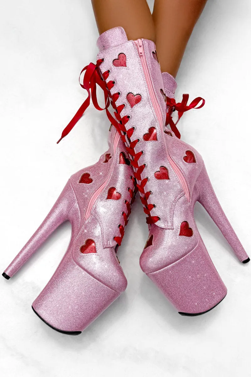 Hella Heels Cupids Chokehold Ribbon 8inch Boots - Pink Hearts