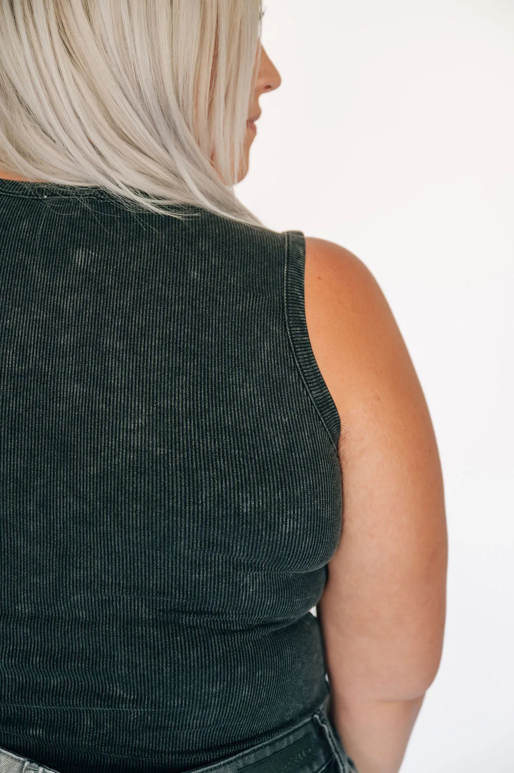 High Neck Ribbed Tank Bodysuit - Washed Black