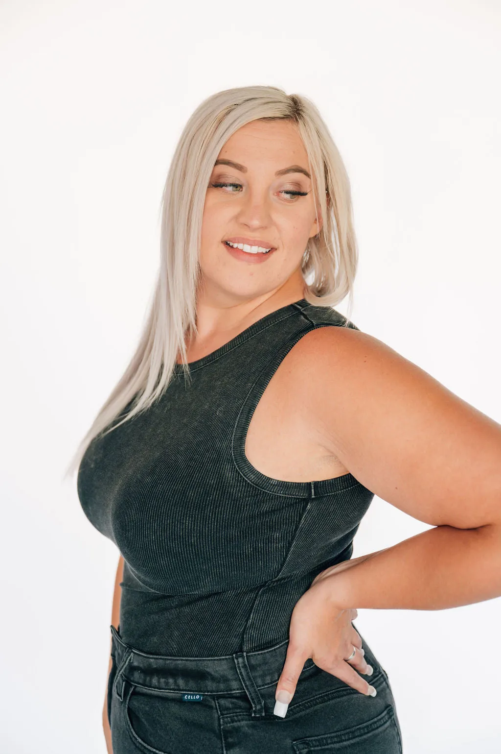 High Neck Ribbed Tank Bodysuit - Washed Black