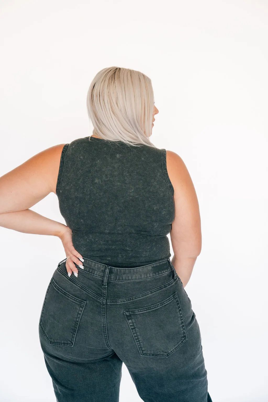 High Neck Ribbed Tank Bodysuit - Washed Black