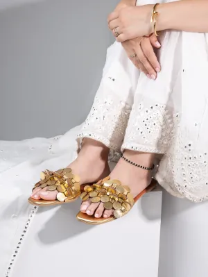 Hydes and Hues Women Open-Toe Gold Coin flats