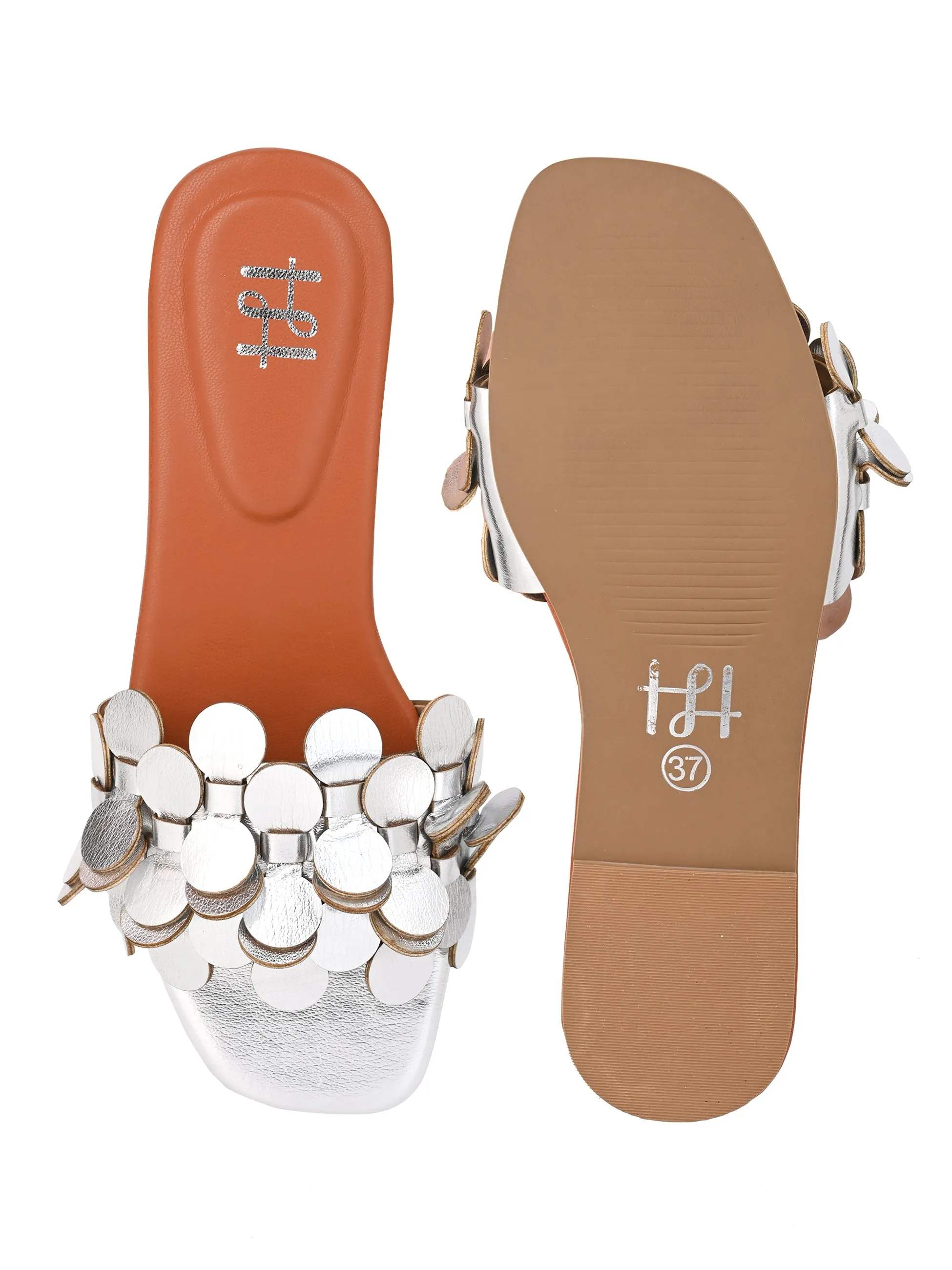 Hydes and Hues Women Open-Toe Silver Coin flats