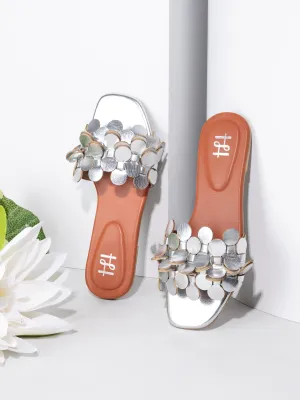 Hydes and Hues Women Open-Toe Silver Coin flats