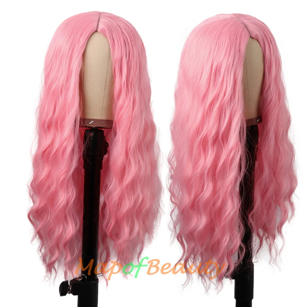 Long Wavy Wigs Middle Part Synthetic Fiber Curly Hair Replacement Wig For Party Cosplay Daily
