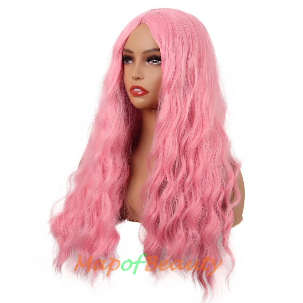 Long Wavy Wigs Middle Part Synthetic Fiber Curly Hair Replacement Wig For Party Cosplay Daily
