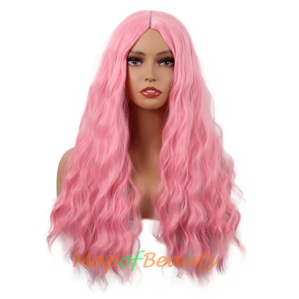 Long Wavy Wigs Middle Part Synthetic Fiber Curly Hair Replacement Wig For Party Cosplay Daily