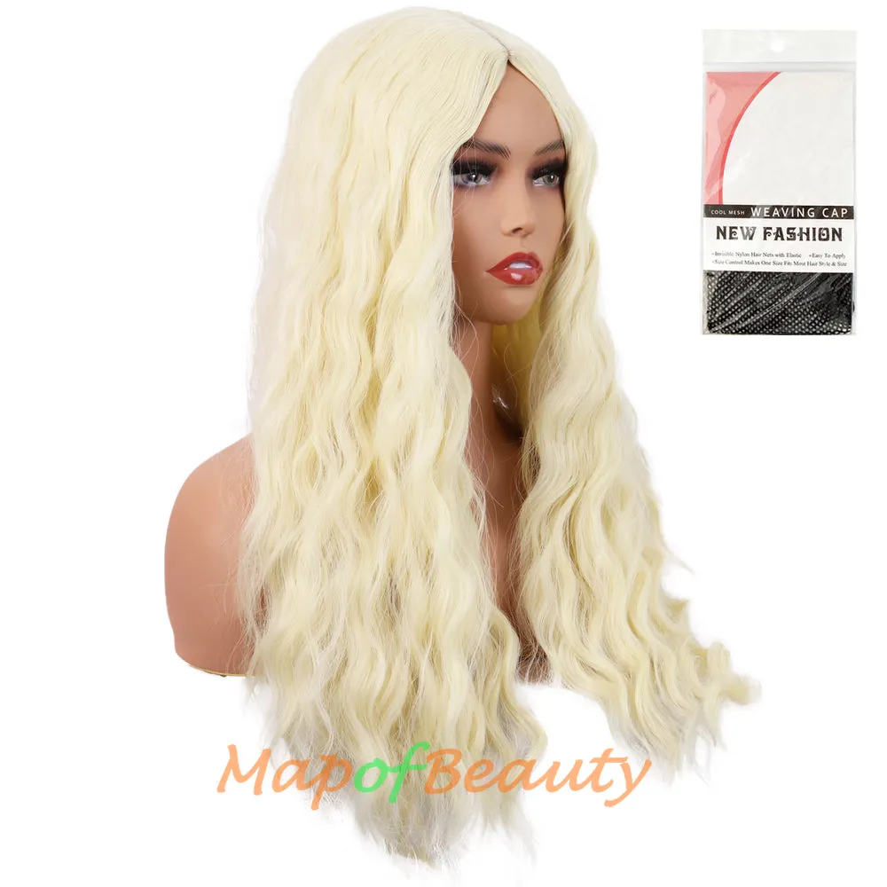 Long Wavy Wigs Middle Part Synthetic Fiber Curly Hair Replacement Wig For Party Cosplay Daily