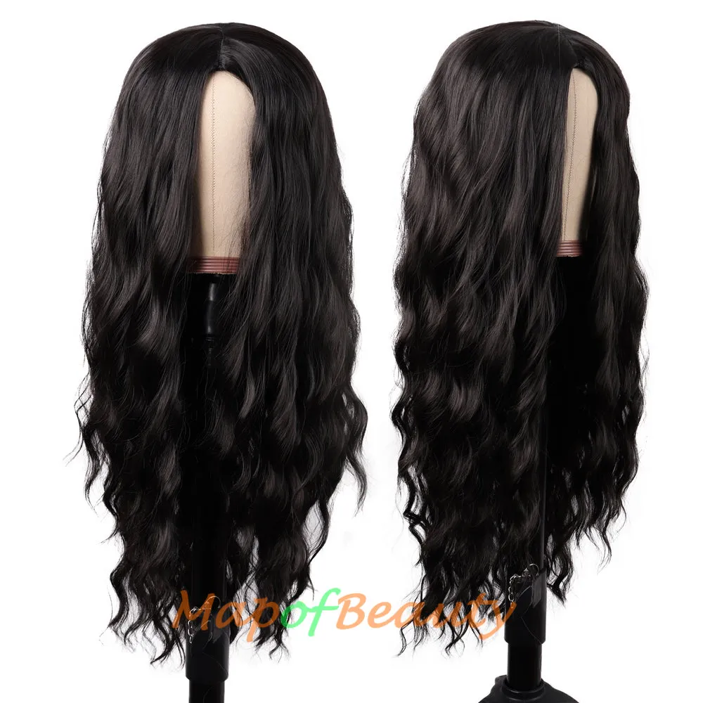 Long Wavy Wigs Middle Part Synthetic Fiber Curly Hair Replacement Wig For Party Cosplay Daily