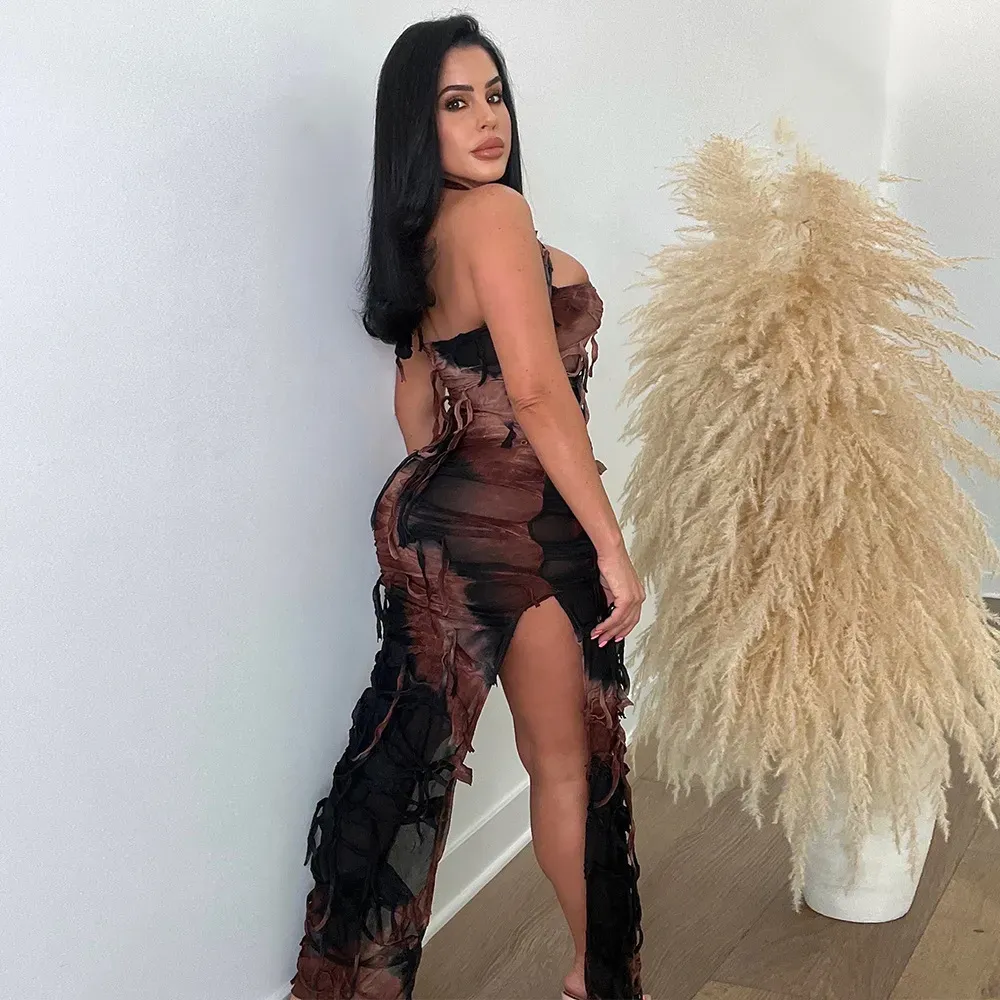 Lysandra Halter Distressed Mesh Bodycon Maxi Dress
