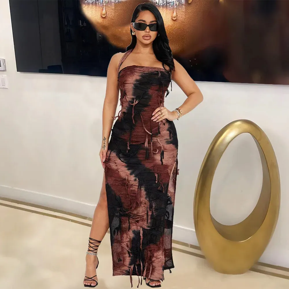 Lysandra Halter Distressed Mesh Bodycon Maxi Dress