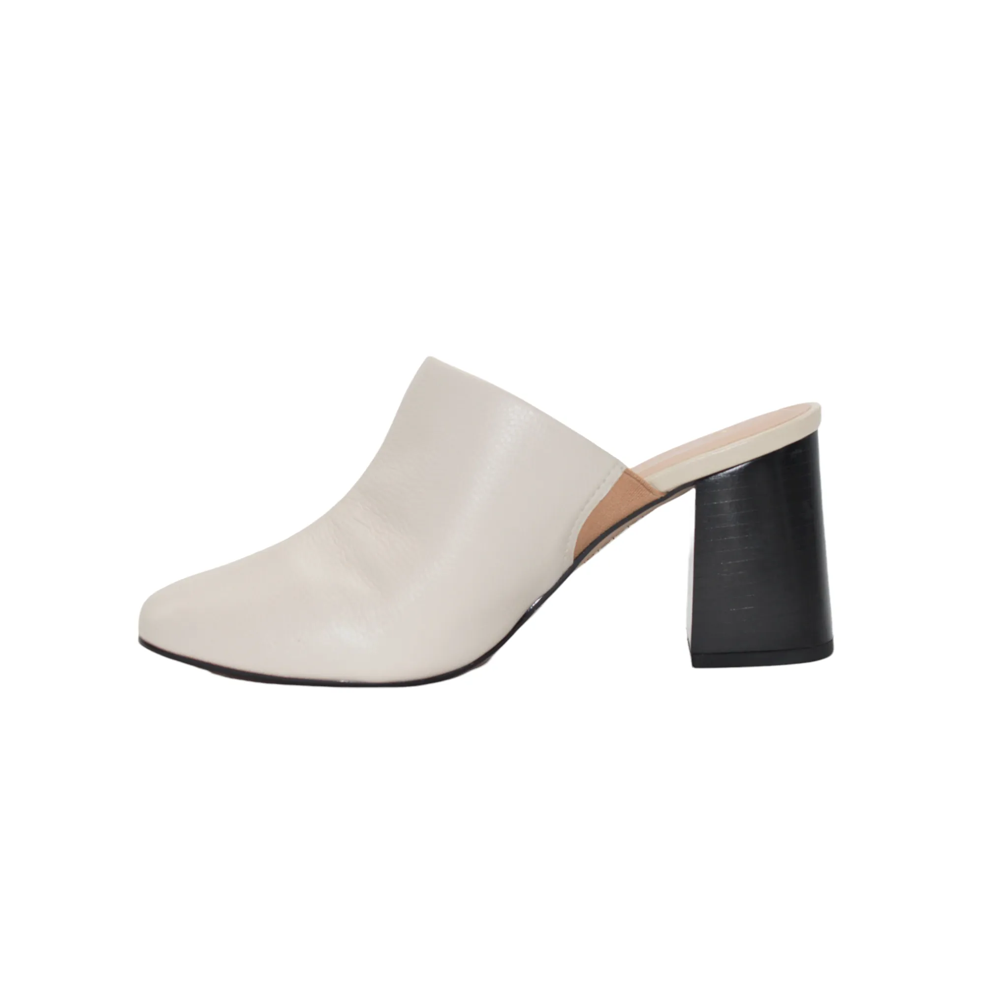 Pointed Off White Leather Heeled Mules