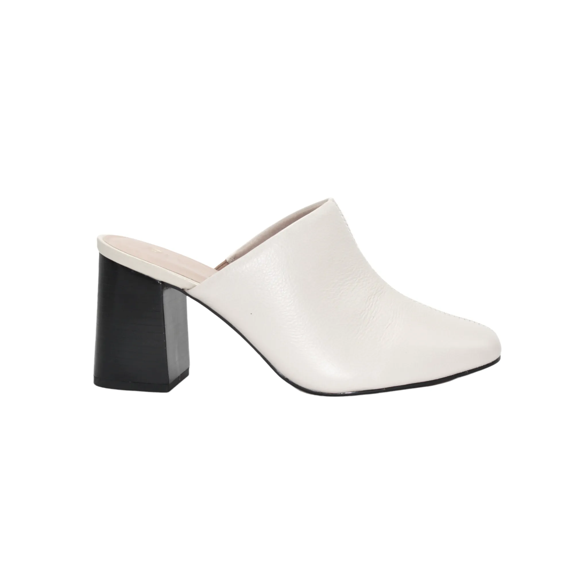 Pointed Off White Leather Heeled Mules