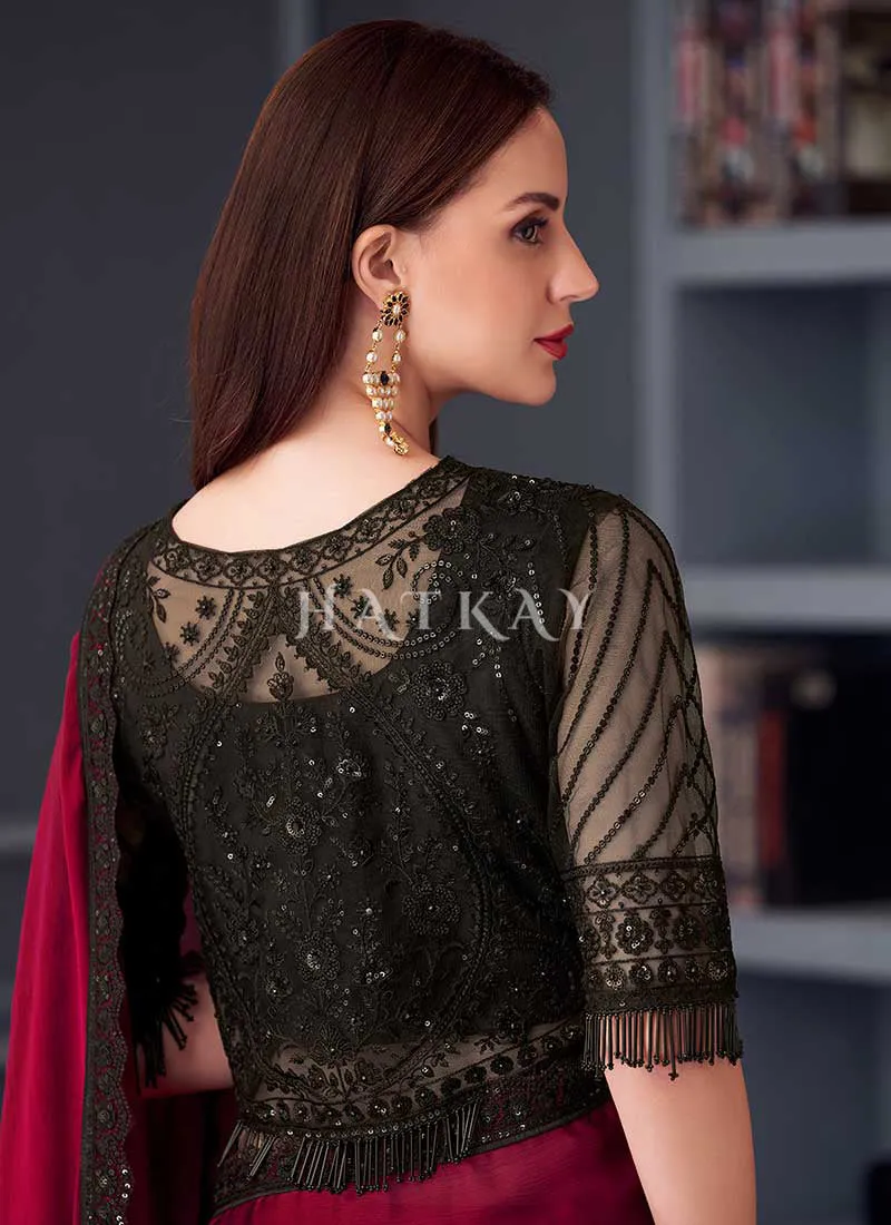 Red And Black Embroidery Designer Saree with Jacket